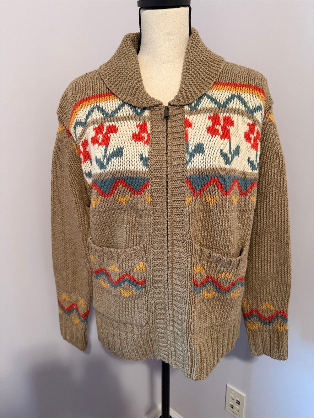 Toad&Co Khaki Shawl Collar Zip Sweater with Floral Intarsia